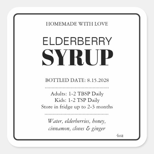 Customizable Elderberry Syrup Label ZEB_04b スクエアシール (正面)