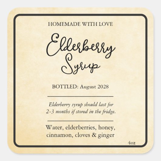 Customizable Elderberry Syrup Label ZEB_05a スクエアシール (正面)