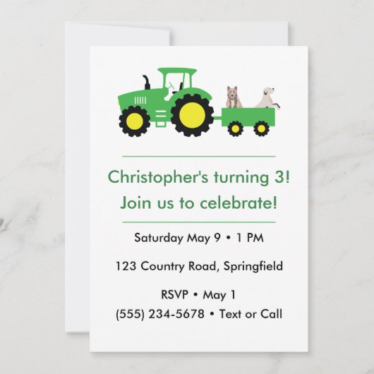Customizable Farm Tractor Birthday Invitation 招待状 (正面)