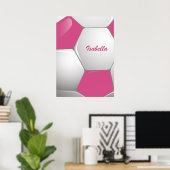 Customizable Football Soccer Ball Pink and White ポスター (ホームオフィス)