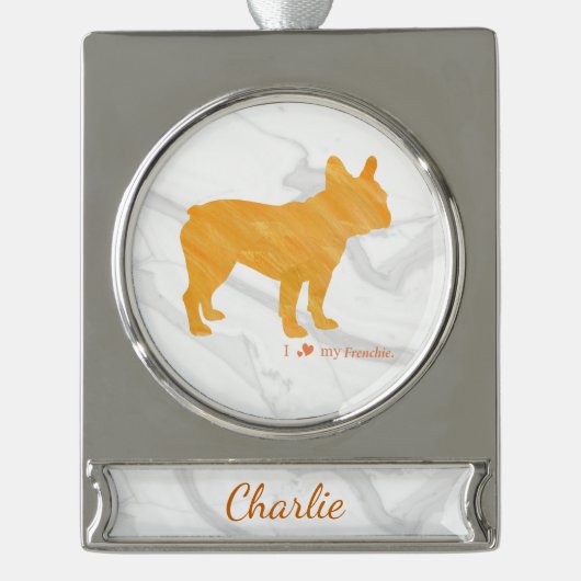 Customizable French Bulldog Pastel Orange Frenchie シルバープレートバナーオーナメント (正面)