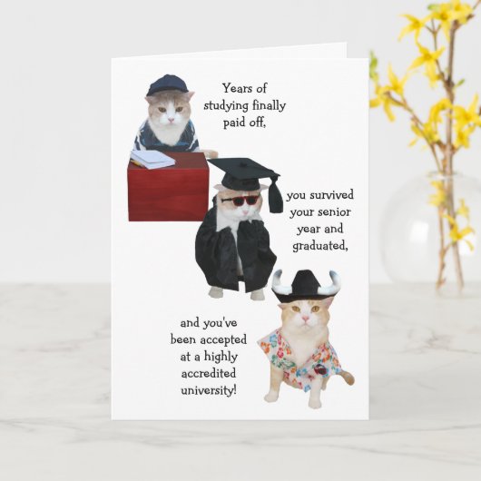 Customizable Funny Cat High School Graduation カード (黄色い花)