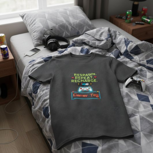 Customizable Gamer Tag "Respawn Repeat Recharge"  Tシャツ