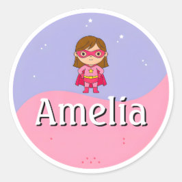 Customizable Girl Superhero Kids Name Sticker ラウンドシール