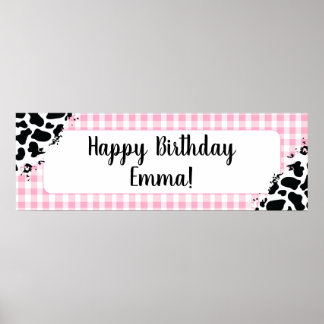 Customizable Happy Birthday Banner Pink Gingham ポスター