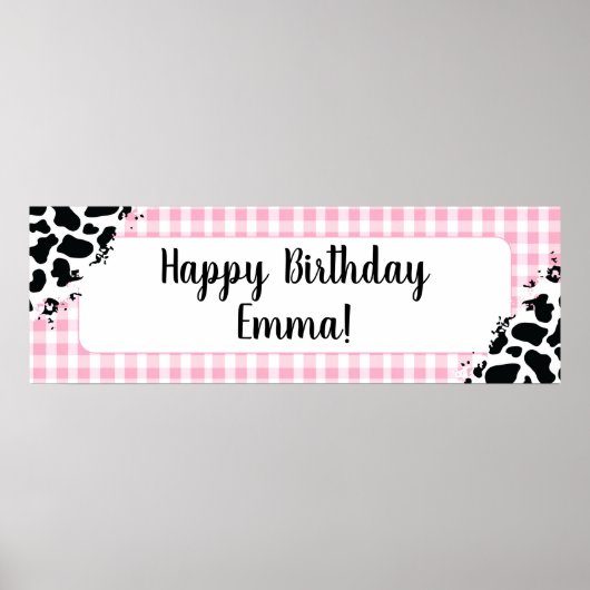 Customizable Happy Birthday Banner Pink Gingham ポスター (正面)