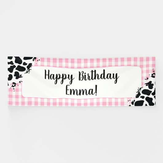 Customizable Happy Birthday Banner Pink Gingham 横断幕 (横)