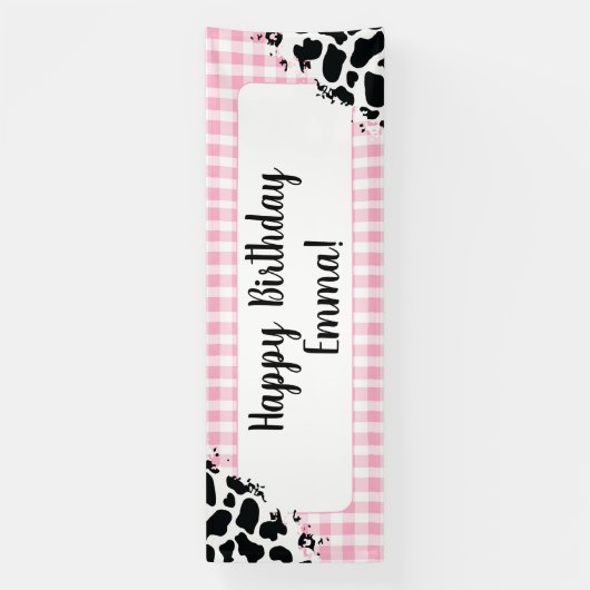 Customizable Happy Birthday Banner Pink Gingham 横断幕 (縦)