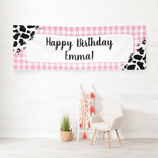 Customizable Happy Birthday Banner Pink Gingham 横断幕 (インサイチュ)
