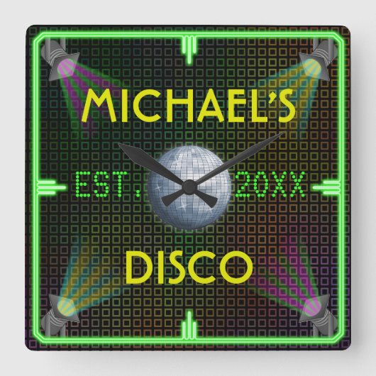 Customizable Home Bar 1970's Disco Ball スクエア壁時計 (正面)