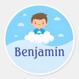 Customizable Kids Name Sticker Cloud & Sky Design ラウンドシール
