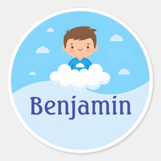 Customizable Kids Name Sticker Cloud & Sky Design ラウンドシール (正面)