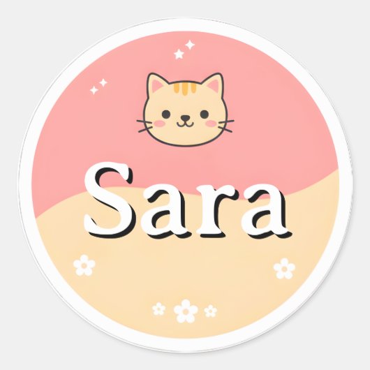 Customizable Kids Name Sticker – Cute Cat Design ラウンドシール (正面)
