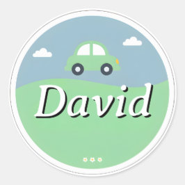 Customizable Kids Name Sticker – Green Car ラウンドシール