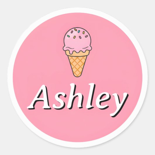 Customizable Kids Name Sticker – Pink Ice Cream ラウンドシール (正面)