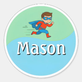 Customizable Kids Name Sticker – Running Superhero ラウンドシール
