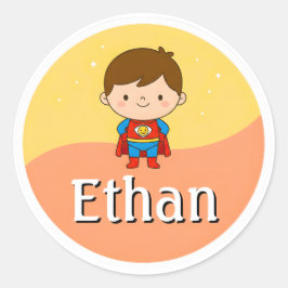 Customizable Kids Name Sticker – Smiley Superhero ラウンドシール
