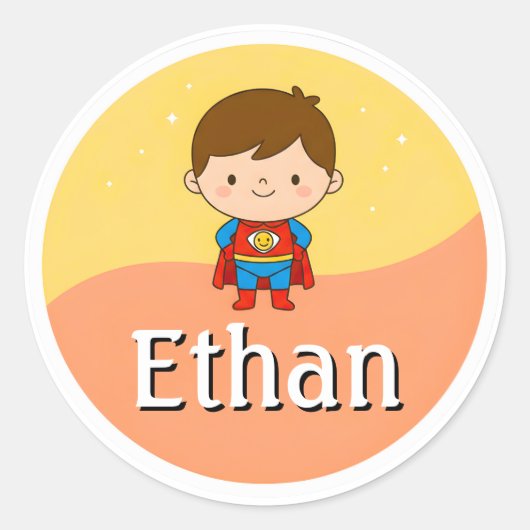 Customizable Kids Name Sticker – Smiley Superhero ラウンドシール (正面)