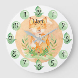 Customizable Leaf Baby Fox Nursery Clock Large ラージ壁時計