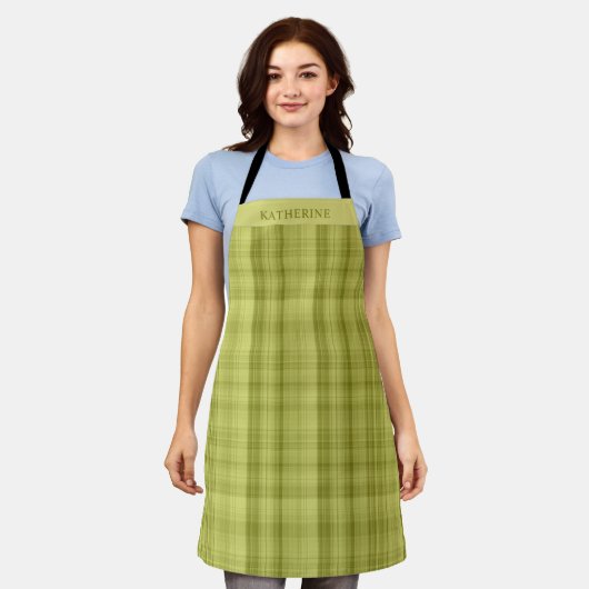Customizable Light Dark Green Checkered Pattern エプロン (着用した状態)