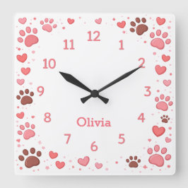 Customizable Name Pet Paw Print Wall Clock スクエア壁時計