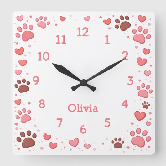 Customizable Name Pet Paw Print Wall Clock スクエア壁時計 (正面)