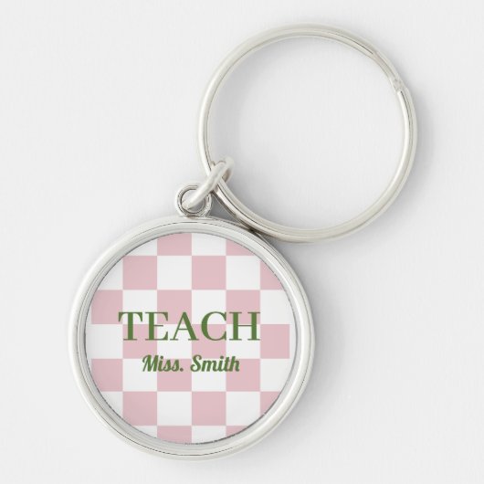 Customizable Name Teach Tote Cute Pink Checkered キーホルダー (正面)