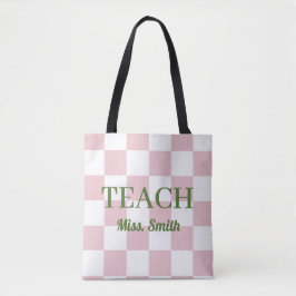 Customizable Name Teach Tote Cute Pink Checkered トートバッグ