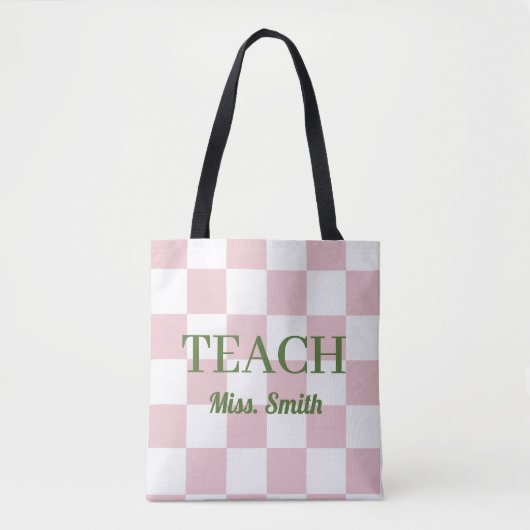 Customizable Name Teach Tote Cute Pink Checkered トートバッグ (正面)