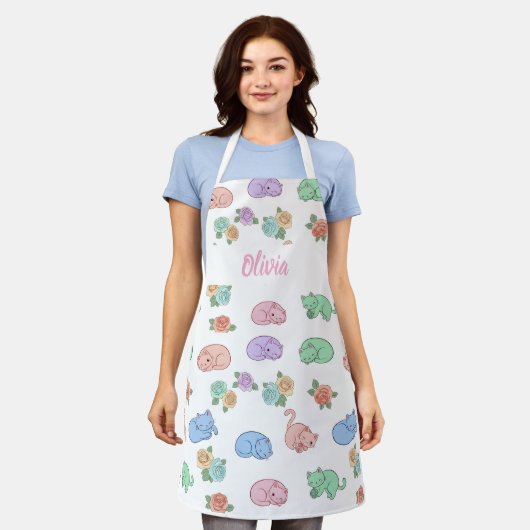 Customizable Pastel Cat and Rose Pattern Apron エプロン (着用した状態)