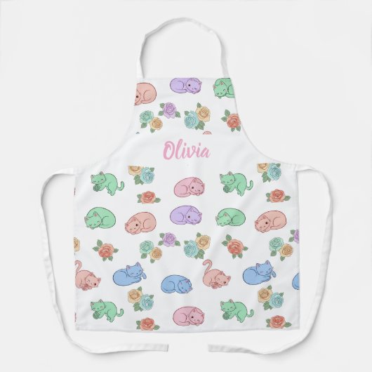 Customizable Pastel Cat and Rose Pattern Apron エプロン (正面)