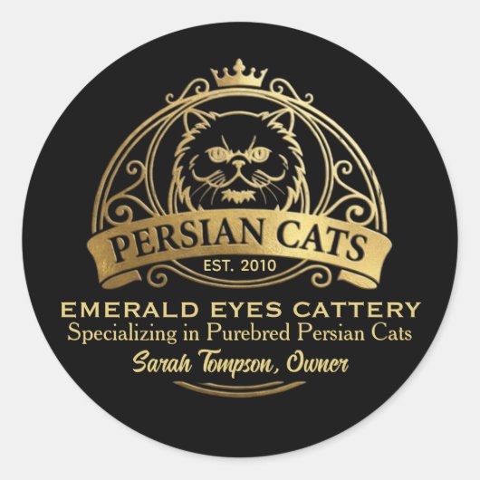 Customizable Persian Cattery Elegant Gold Design ラウンドシール (正面)