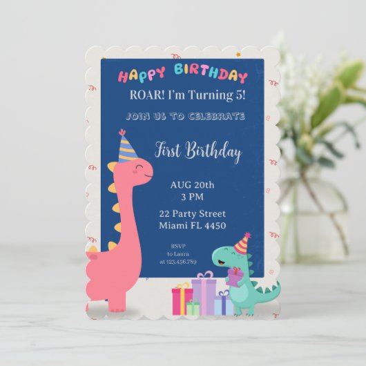 Customizable pink and blue dinosaur party invitati 招待状 (スタンド正面)