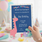 Customizable pink and blue dinosaur party invitati 招待状