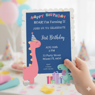 Customizable pink and blue dinosaur party invitati 招待状