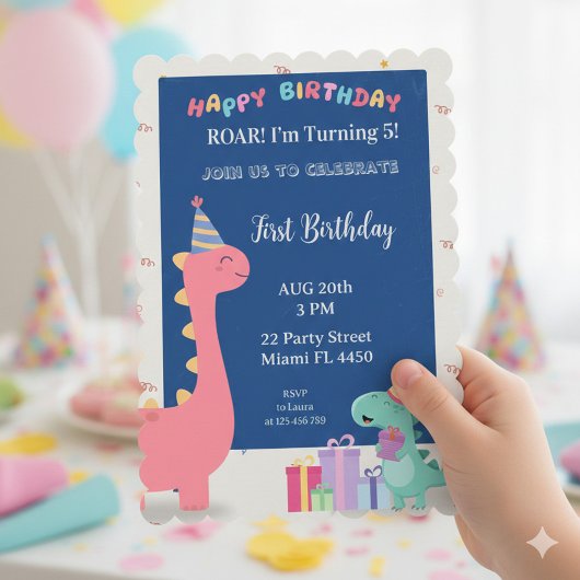 Customizable pink and blue dinosaur party invitati 招待状