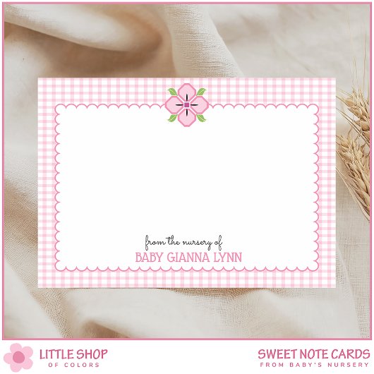 Customizable Pink Gingham Baby Girl Nursery Thank ノートカード