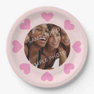 Customizable Pink Heart Photo Paper Plates ペーパープレート
