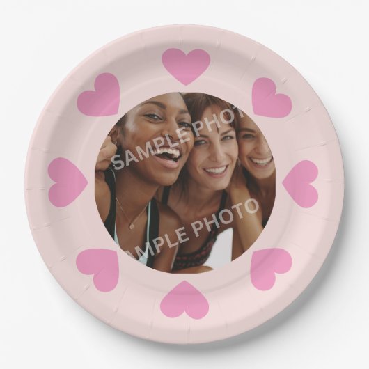Customizable Pink Heart Photo Paper Plates ペーパープレート (正面)
