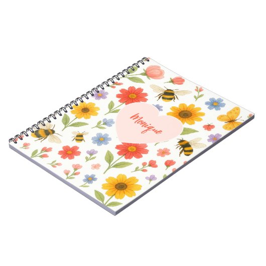 Customizable Pink Orange Floral and Bee Pattern  ノートブック (左側)