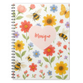 Customizable Pink Orange Floral and Bee Pattern ノートブック (正面)
