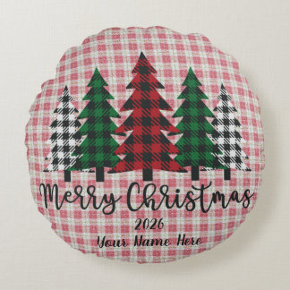 Customizable Plaid Merry Christmas Round Pillow ラウンドクッション