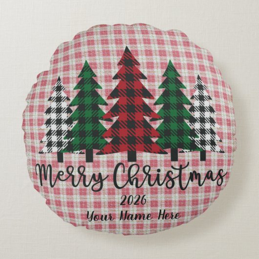 Customizable Plaid Merry Christmas Round Pillow ラウンドクッション (正面)