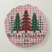 Customizable Plaid Merry Christmas Round Pillow ラウンドクッション (裏面)