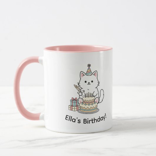 "Customizable" Playful Cat Birthday Cake & Gifts マグカップ (左)