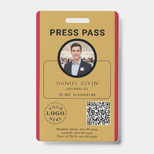 Customizable Press Pass with Photo ID & QR Code バッジ (正面)