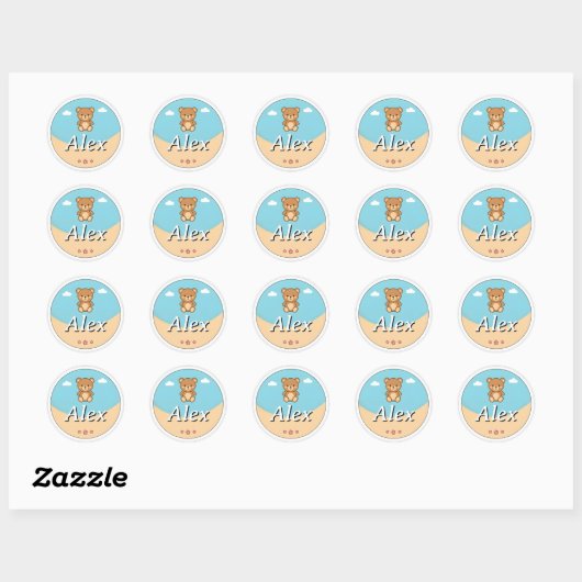 Customizable Round Kids Name Sticker – Teddy Bear ラウンドシール (シート)