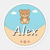 Customizable Round Kids Name Sticker – Teddy Bear ラウンドシール (正面)