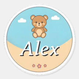 Customizable Round Kids Name Sticker – Teddy Bear ラウンドシール