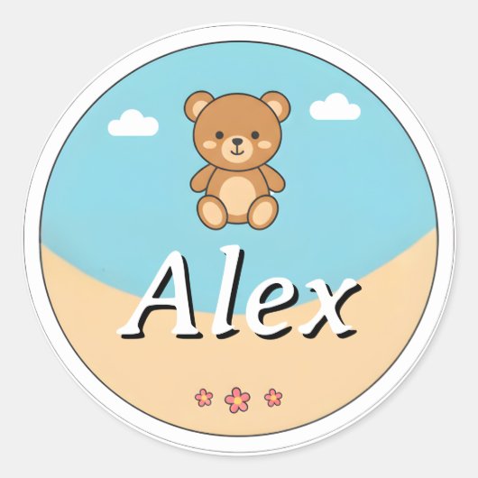 Customizable Round Kids Name Sticker – Teddy Bear ラウンドシール (正面)